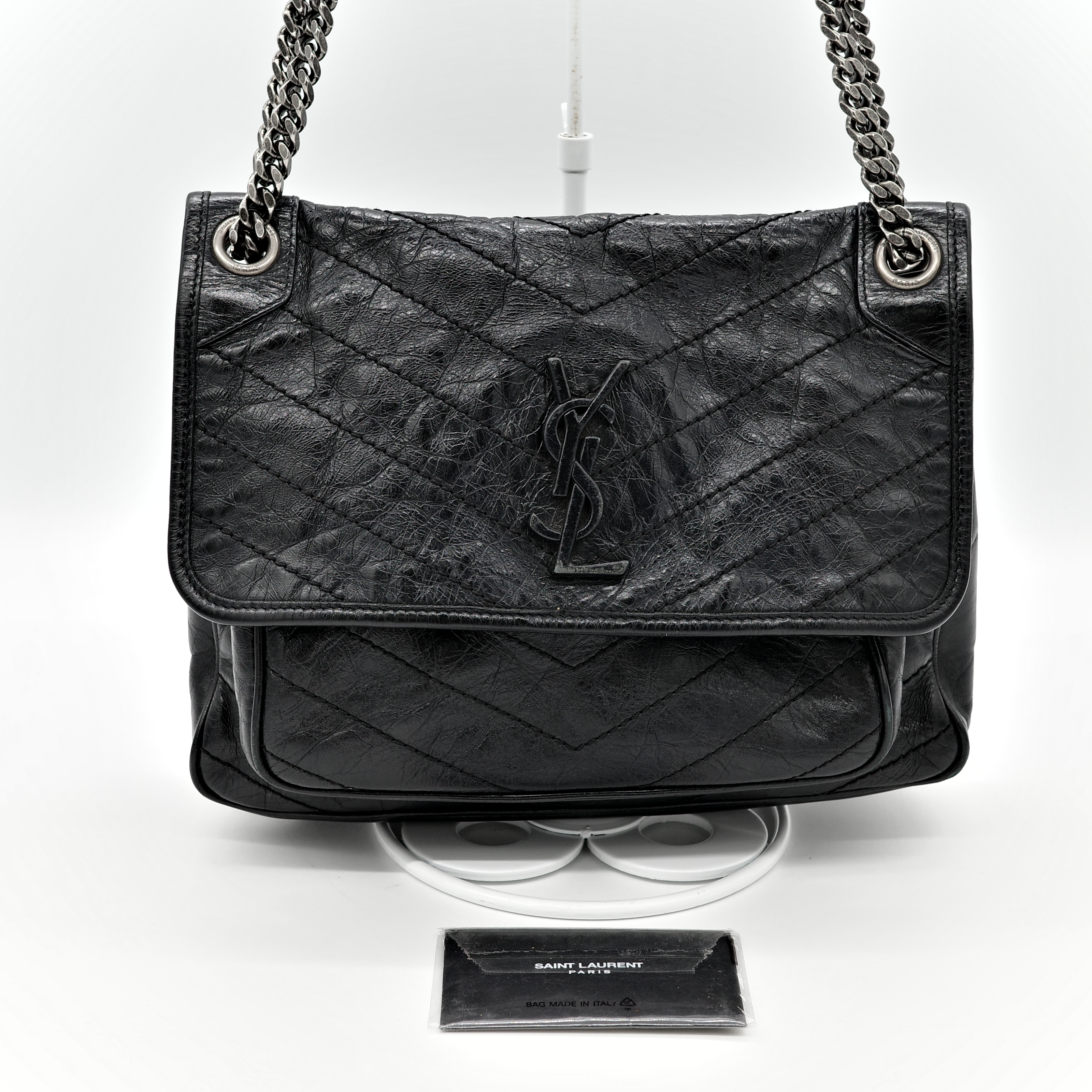 Saint Laurent YSL 聖羅蘭 黑色 BLACK NIKI 復古褶皺鏈條單肩包 翻蓋包-1
