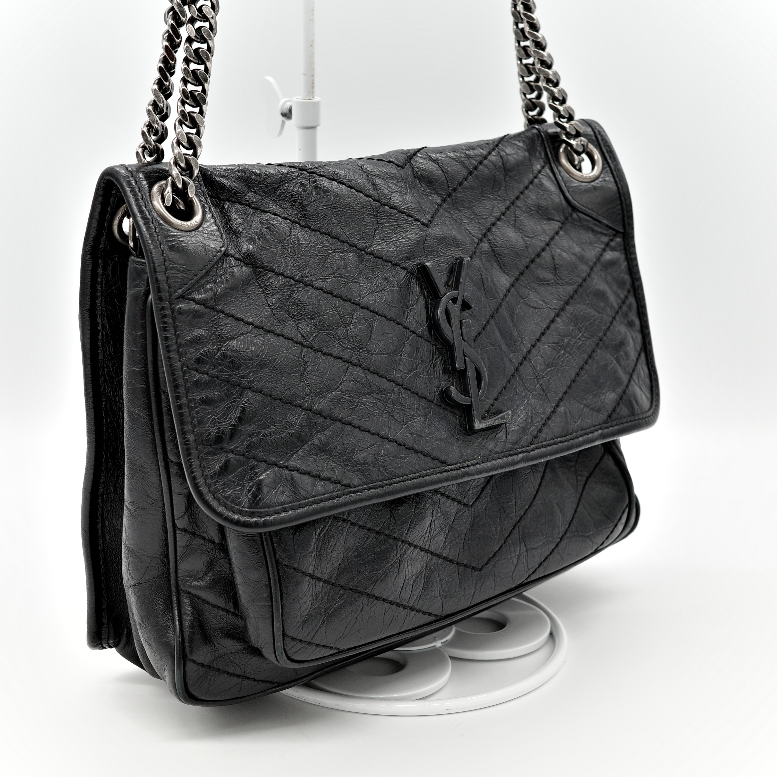 Saint Laurent YSL 聖羅蘭 黑色 BLACK NIKI 復古褶皺鏈條單肩包 翻蓋包-2