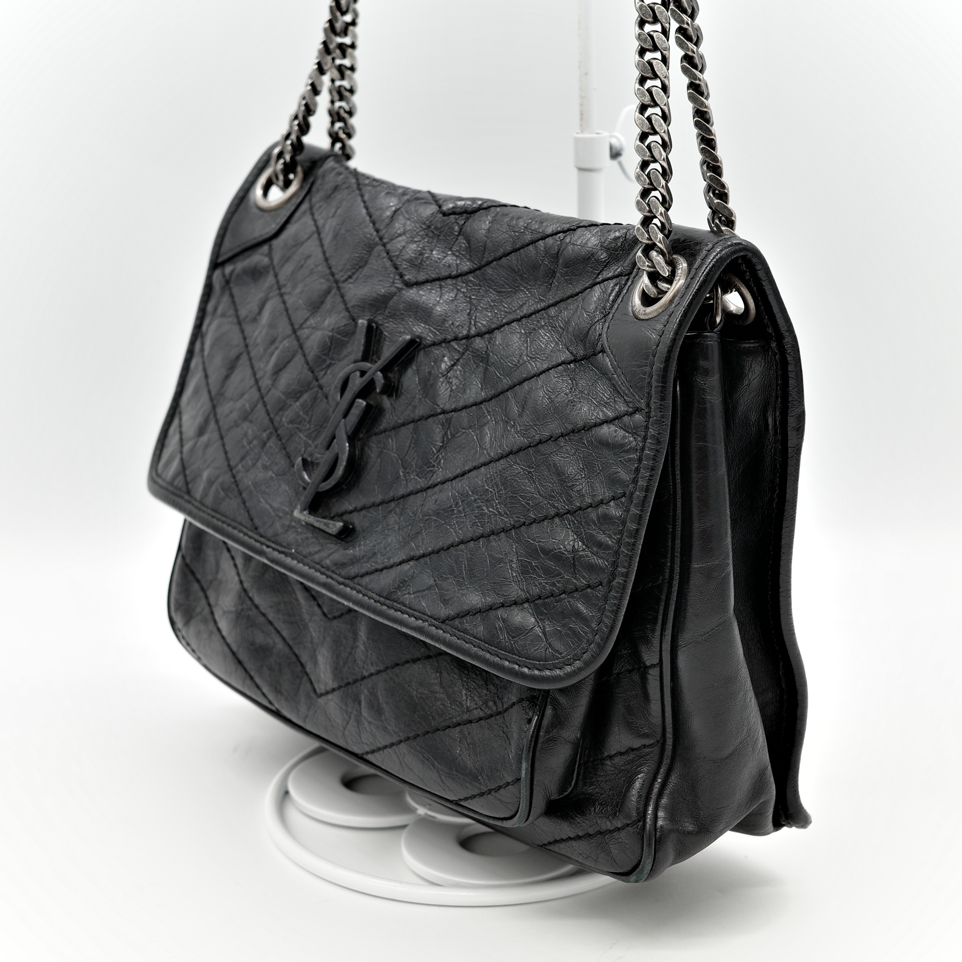 Saint Laurent YSL 聖羅蘭 黑色 BLACK NIKI 復古褶皺鏈條單肩包 翻蓋包-3