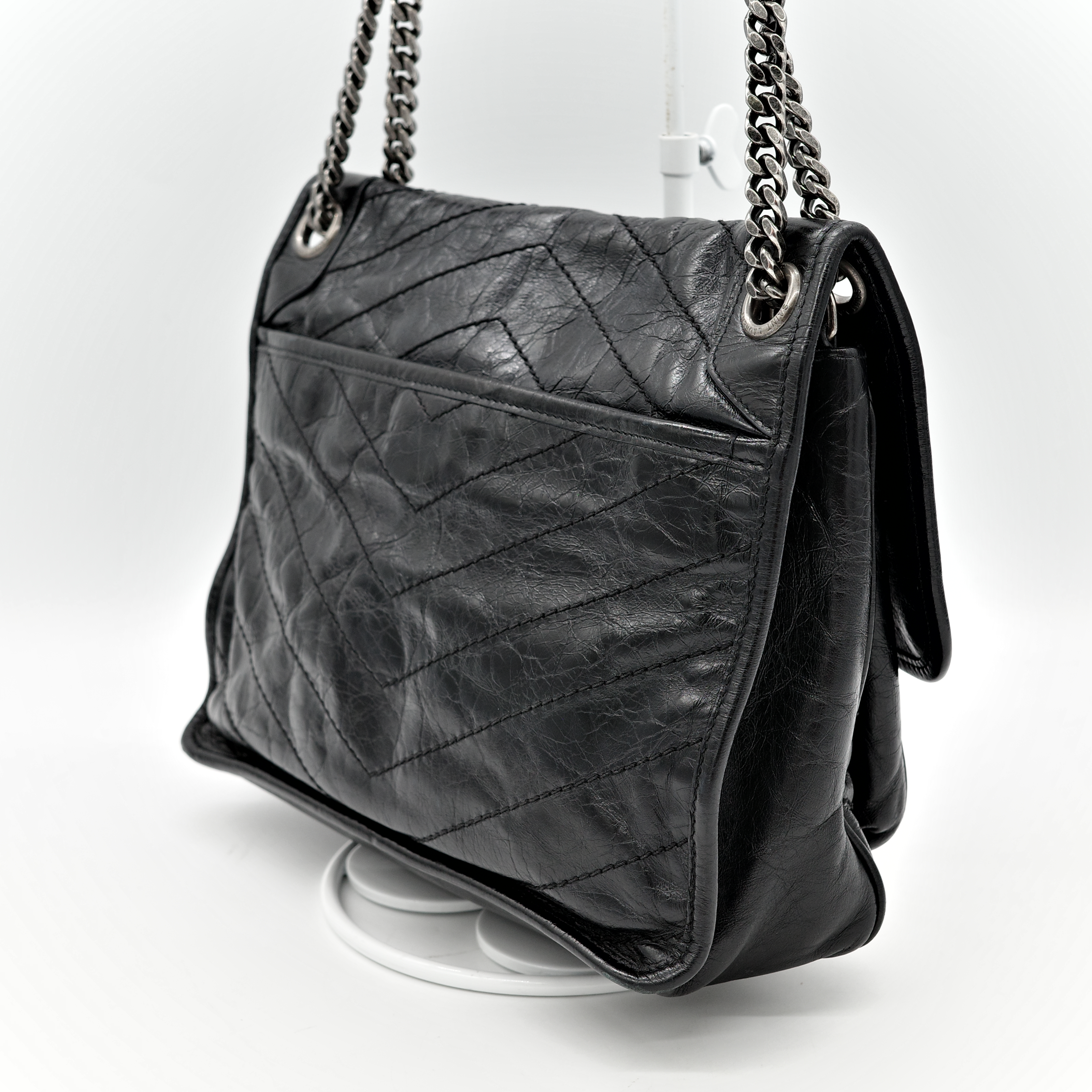 Saint Laurent YSL 聖羅蘭 黑色 BLACK NIKI 復古褶皺鏈條單肩包 翻蓋包-6