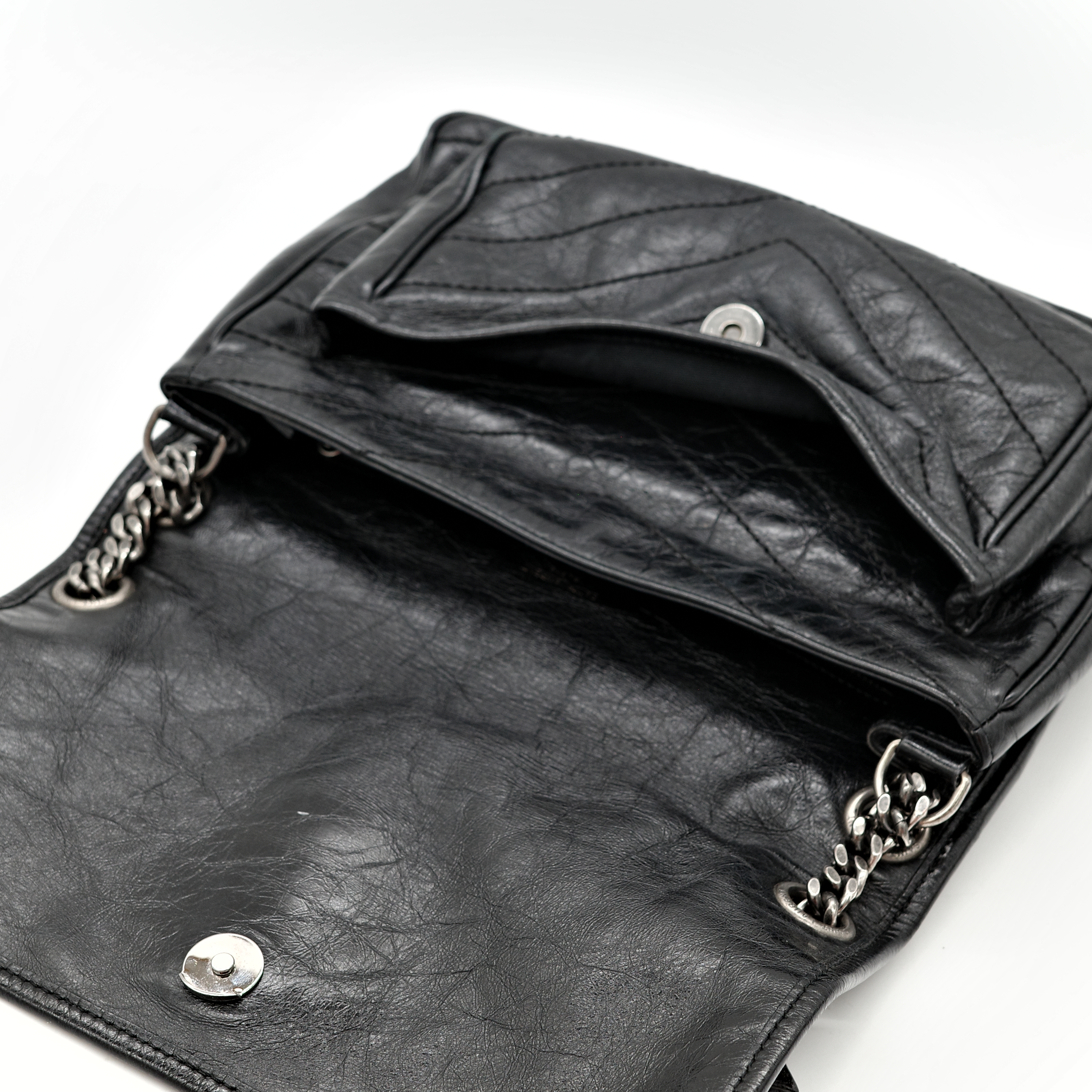 Saint Laurent YSL 聖羅蘭 黑色 BLACK NIKI 復古褶皺鏈條單肩包 翻蓋包-19