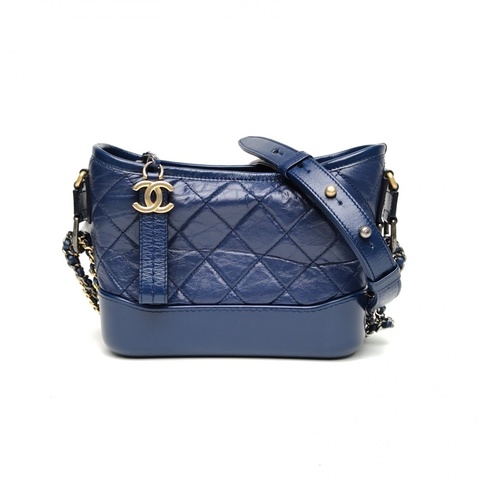 CHANEL GABRIELLE流浪小號藍色牛皮25開金銀扣肩背包