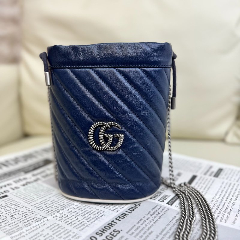 GUCCI 馬蒙 Marmont 圓筒 藍色 斜紋 牛皮 mini 17 擰花雙G 水桶包-0