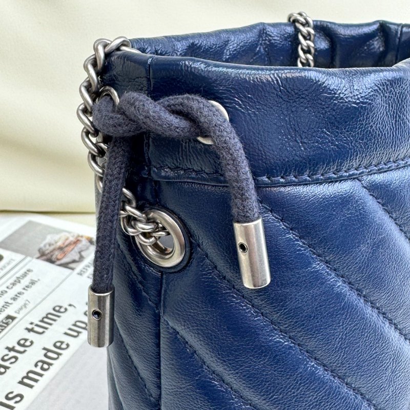 GUCCI 馬蒙 Marmont 圓筒 藍色 斜紋 牛皮 mini 17 擰花雙G 水桶包-5