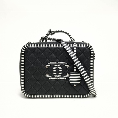 CHANEL VanityCase相機包橫版黑白荔枝牛皮27開銀扣肩背包