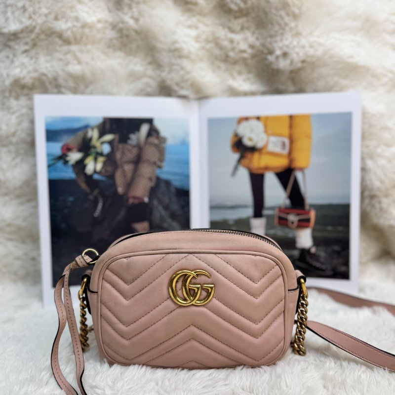 GUCCI 馬蒙 Marmont 相機包 粉色 波浪紋 牛皮 mini 18 金色雙G-0