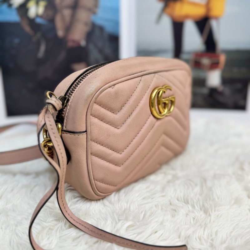 GUCCI 馬蒙 Marmont 相機包 粉色 波浪紋 牛皮 mini 18 金色雙G-2