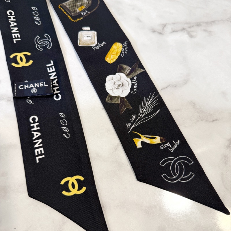 Chanel 黑底各類元素圖案細版圍巾-4