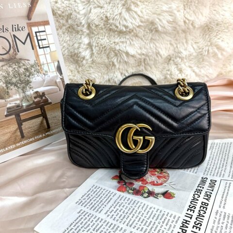 GUCCI 馬蒙 Marmont 黑色 波浪紋拼圓弧紋 牛皮 小號 22 鏈條
