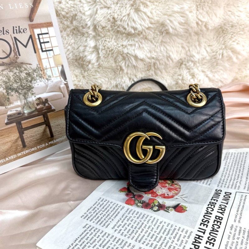 GUCCI 馬蒙 Marmont 黑色 波浪紋拼圓弧紋 牛皮 小號 22 鏈條-0