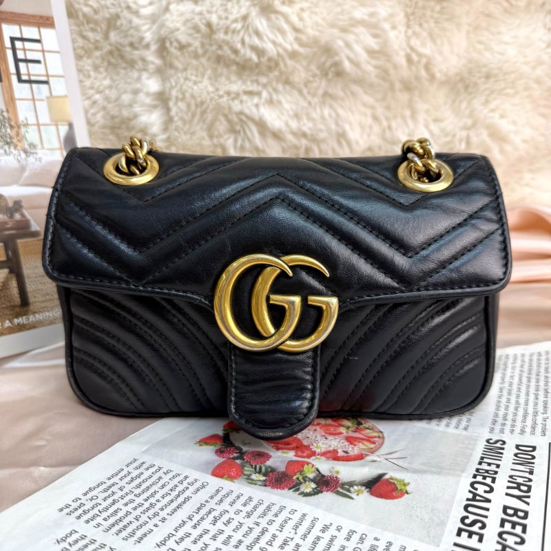 GUCCI 馬蒙 Marmont 黑色 波浪紋拼圓弧紋 牛皮 小號 22 鏈條-1