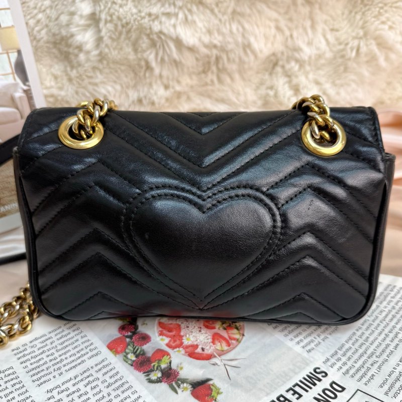 GUCCI 馬蒙 Marmont 黑色 波浪紋拼圓弧紋 牛皮 小號 22 鏈條-2