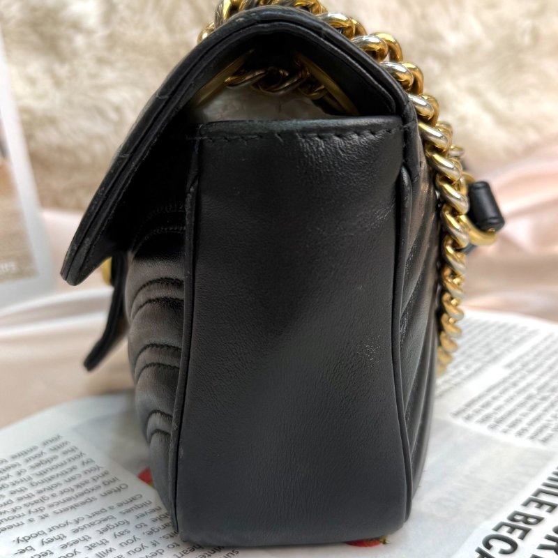 GUCCI 馬蒙 Marmont 黑色 波浪紋拼圓弧紋 牛皮 小號 22 鏈條-3