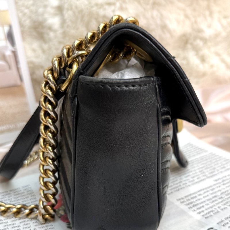 GUCCI 馬蒙 Marmont 黑色 波浪紋拼圓弧紋 牛皮 小號 22 鏈條-4