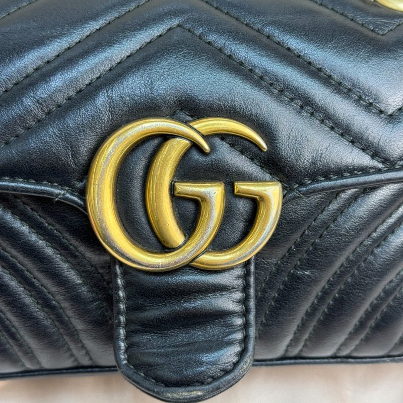 GUCCI 馬蒙 Marmont 黑色 波浪紋拼圓弧紋 牛皮 小號 22 鏈條-7