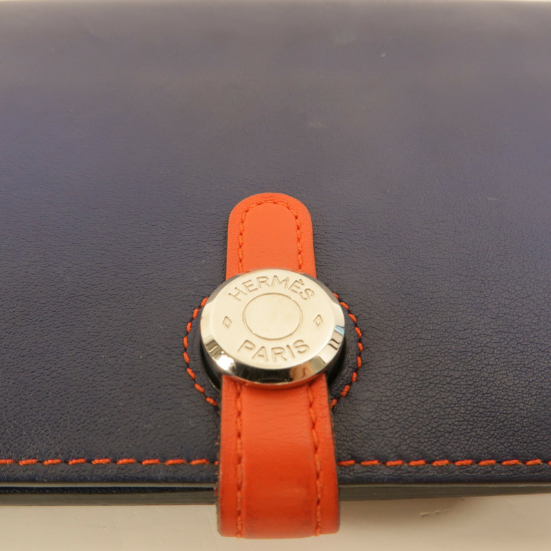 HERMES Swift皮革Dogon GM長錢包Bleu Marine/Feu-10