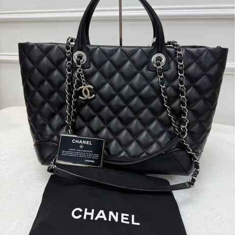 CHANEL香奈兒2way Tote購物袋 黑銀 羊皮 手柄式手提包 皮穿鏈條單肩包 大容量經典款女