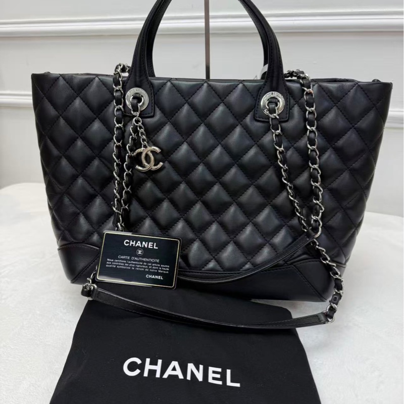 CHANEL香奈兒2way Tote購物袋 黑銀 羊皮 手柄式手提包 皮穿鏈條單肩包 大容量經典款女-0