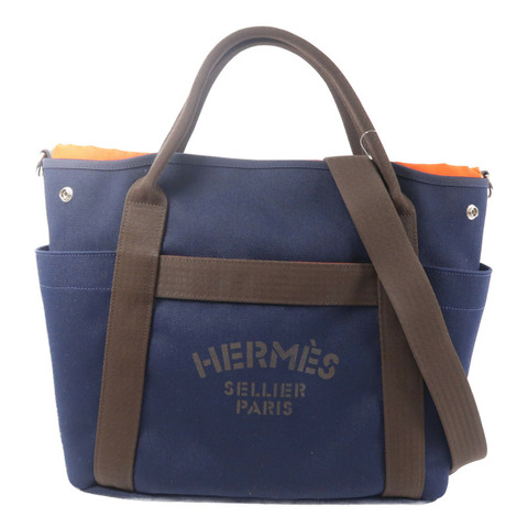 HERMES 帆布The Grooming Bag手挽肩背兩用袋Bleu France/Feu