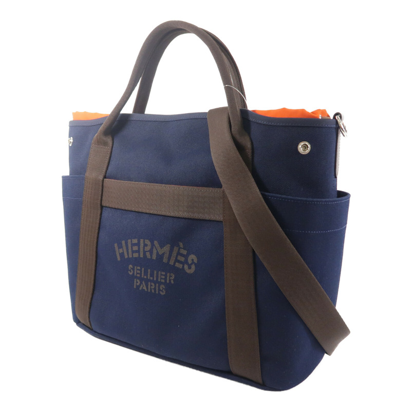 HERMES 帆布The Grooming Bag手挽肩背兩用袋Bleu France/Feu-2