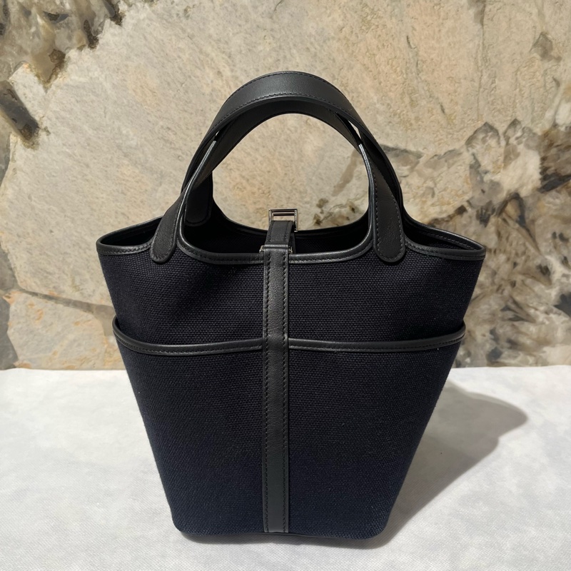 Hermes 黑銀 帆布拼牛皮 Picotin Cargo*Swift-0