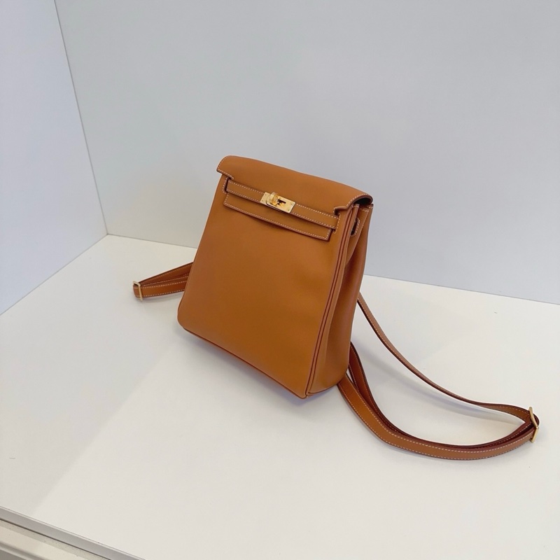 98新🆕Hermes愛馬仕 經典kelly ado 金棕雙肩包 框A 金扣 🧡正品-3