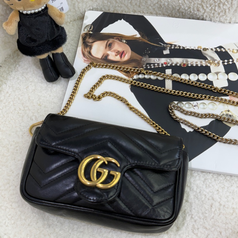 Gucci古馳 迷你 GG Marmont super mini黑金鍊條包-0