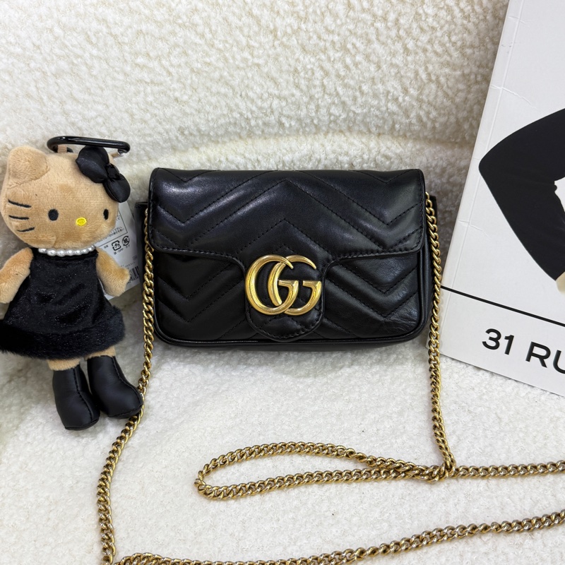 Gucci古馳 迷你 GG Marmont super mini黑金鍊條包-9