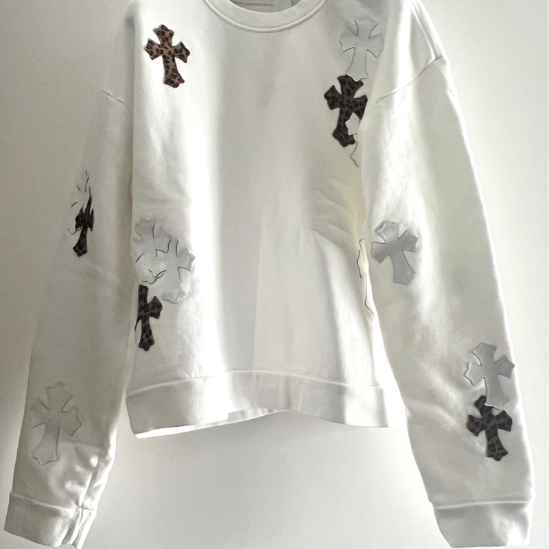 Chrome Hearts 克羅心新款白色漆皮豹紋十字架貼皮圓領衛衣-0