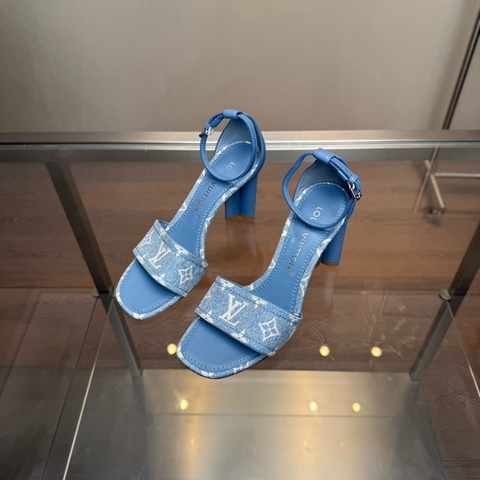 Louis Vuitton路易威登 LV 藍牛仔老花高跟涼鞋  38碼
