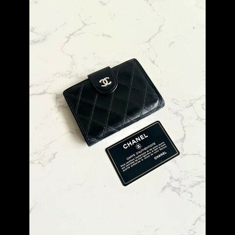 【LA LUNE】Chanel 黑色小羊皮革口金包 中夾 銀包 短夾 皮革包 中古包 二手