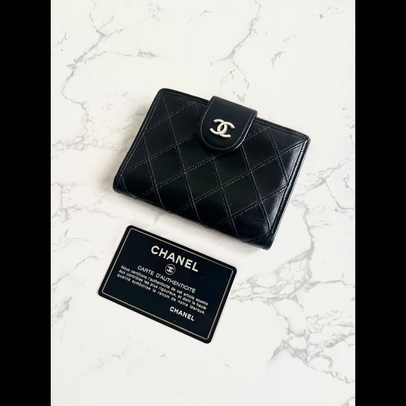 【LA LUNE】Chanel 黑色小羊皮革口金包 中夾 銀包 短夾 皮革包 中古包 二手-1