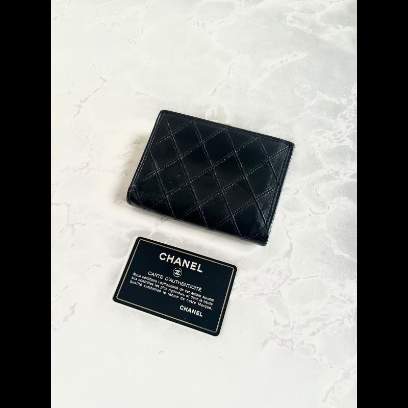 【LA LUNE】Chanel 黑色小羊皮革口金包 中夾 銀包 短夾 皮革包 中古包 二手-3