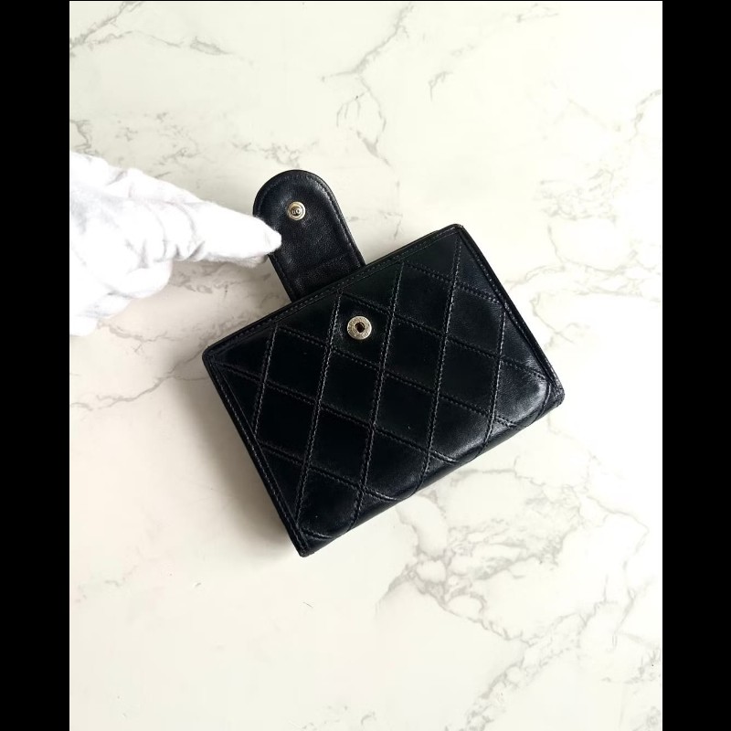 【LA LUNE】Chanel 黑色小羊皮革口金包 中夾 銀包 短夾 皮革包 中古包 二手-5