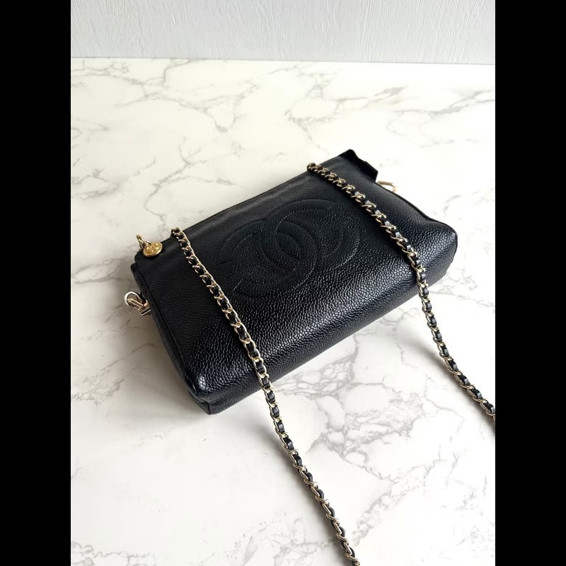 【LA LUNE】中古包Chanel黑色魚子醬皮革斜背包 單肩包 側背包 二手包 古董包-1
