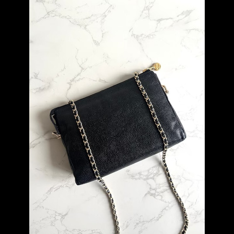 【LA LUNE】中古包Chanel黑色魚子醬皮革斜背包 單肩包 側背包 二手包 古董包-2
