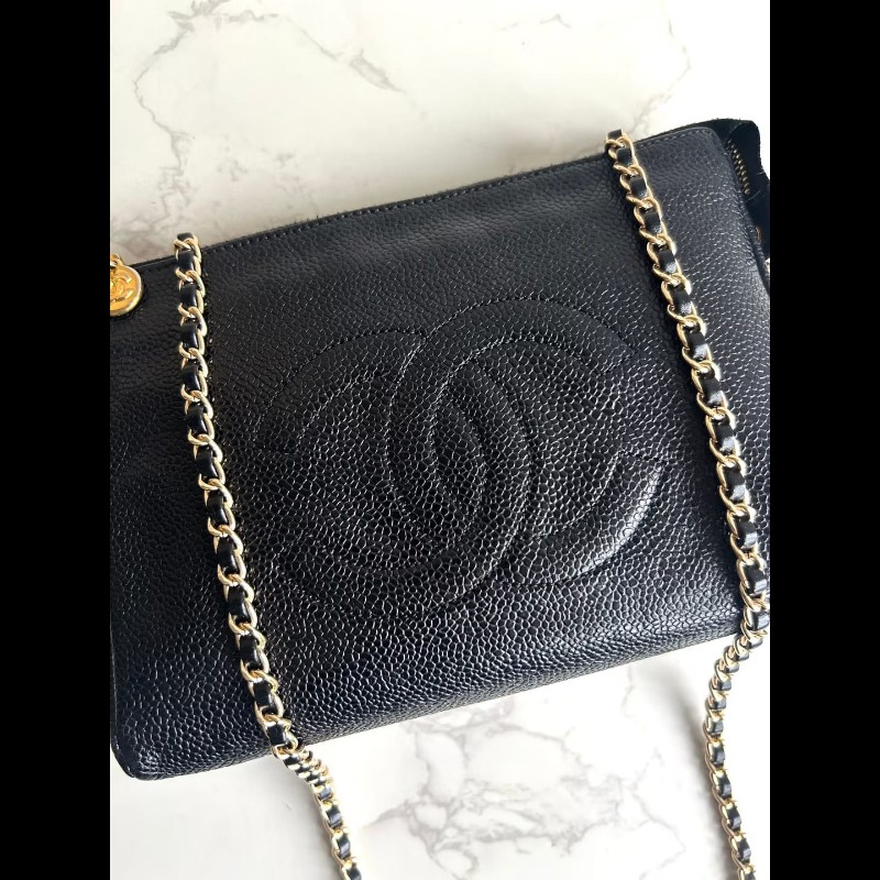 【LA LUNE】中古包Chanel黑色魚子醬皮革斜背包 單肩包 側背包 二手包 古董包-6