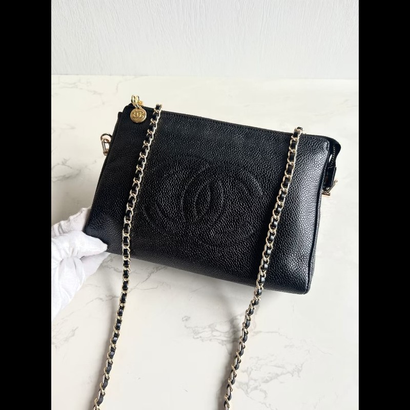 【LA LUNE】中古包Chanel黑色魚子醬皮革斜背包 單肩包 側背包 二手包 古董包-7