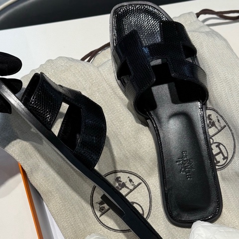 Hermès 愛馬仕 H拖鞋 蜥蜴皮 黑銀 38.5 碼盒子塵袋