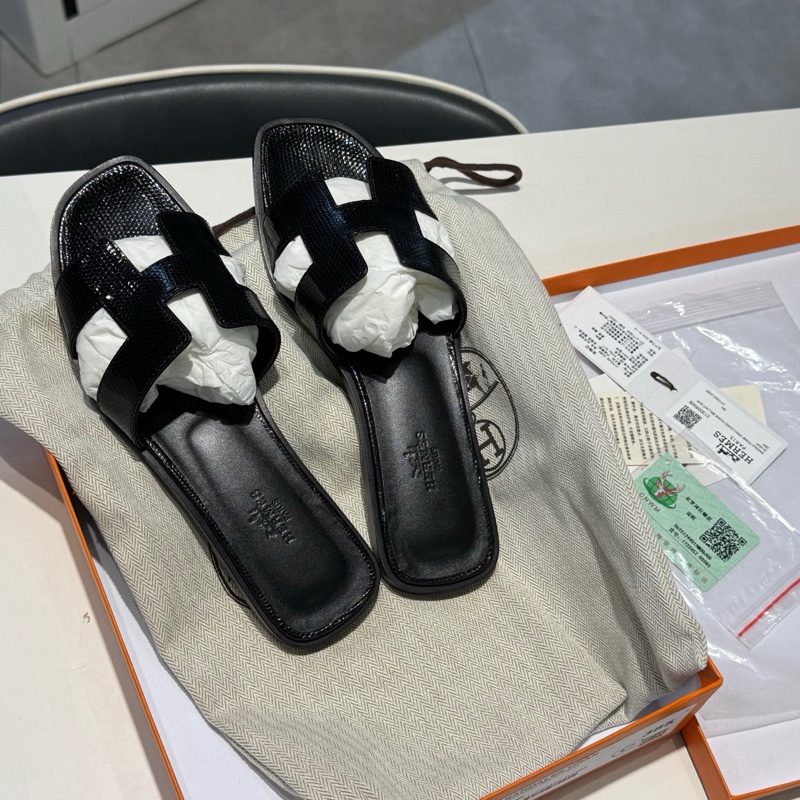 Hermès 愛馬仕 H拖鞋 蜥蜴皮 黑銀 38.5 碼盒子塵袋-3
