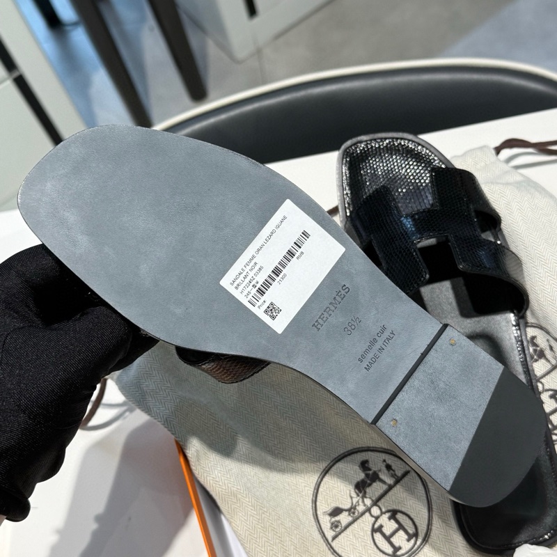 Hermès 愛馬仕 H拖鞋 蜥蜴皮 黑銀 38.5 碼盒子塵袋-4
