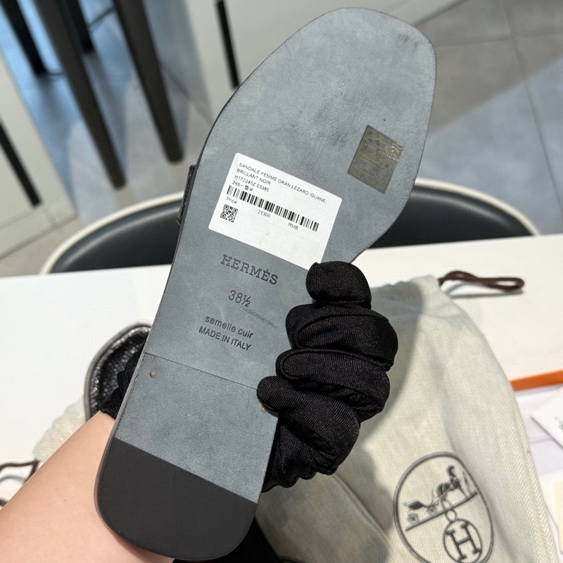 Hermès 愛馬仕 H拖鞋 蜥蜴皮 黑銀 38.5 碼盒子塵袋-6
