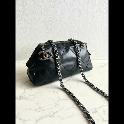 【LA LUNE】Chanel黑色銀扣半月斜背包 中古包 單肩包 側背包 二手包 古董包