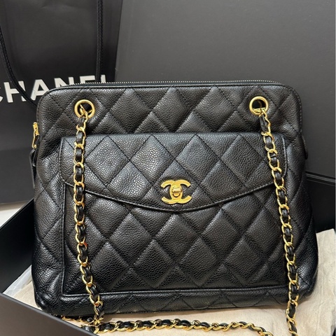 香奈兒Chanel 黑金荔枝皮奶粉包中古款 4開