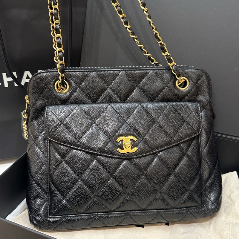 香奈兒Chanel 黑金荔枝皮奶粉包中古款 4開-1