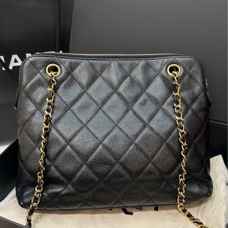 香奈兒Chanel 黑金荔枝皮奶粉包中古款 4開-2