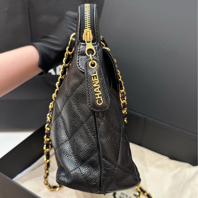 香奈兒Chanel 黑金荔枝皮奶粉包中古款 4開-4