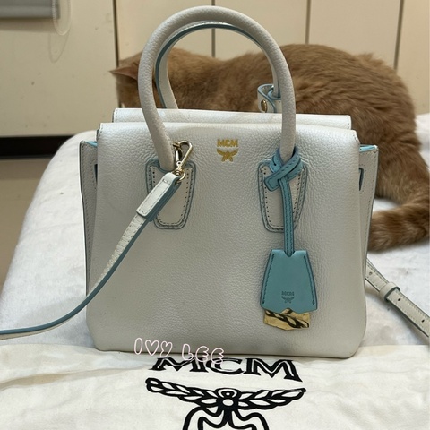 MCM Mini Milla 兩用手提包 斜背包  象牙白 水藍 正品 二手精品