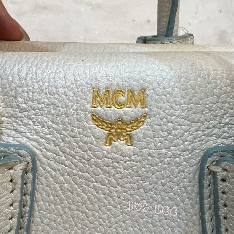 MCM Mini Milla 兩用手提包 斜背包 象牙白 水藍 正品 二手精品-3