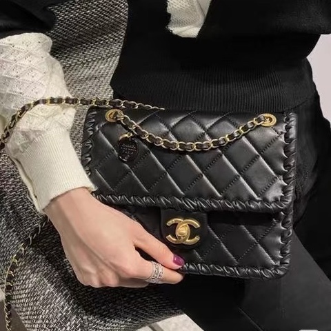 高級百搭款💎限時低價😍Chanel香奈兒黑金康鵬金幣鏈條菱格紋滾邊22年早春新款豆腐包單肩斜挎手提包